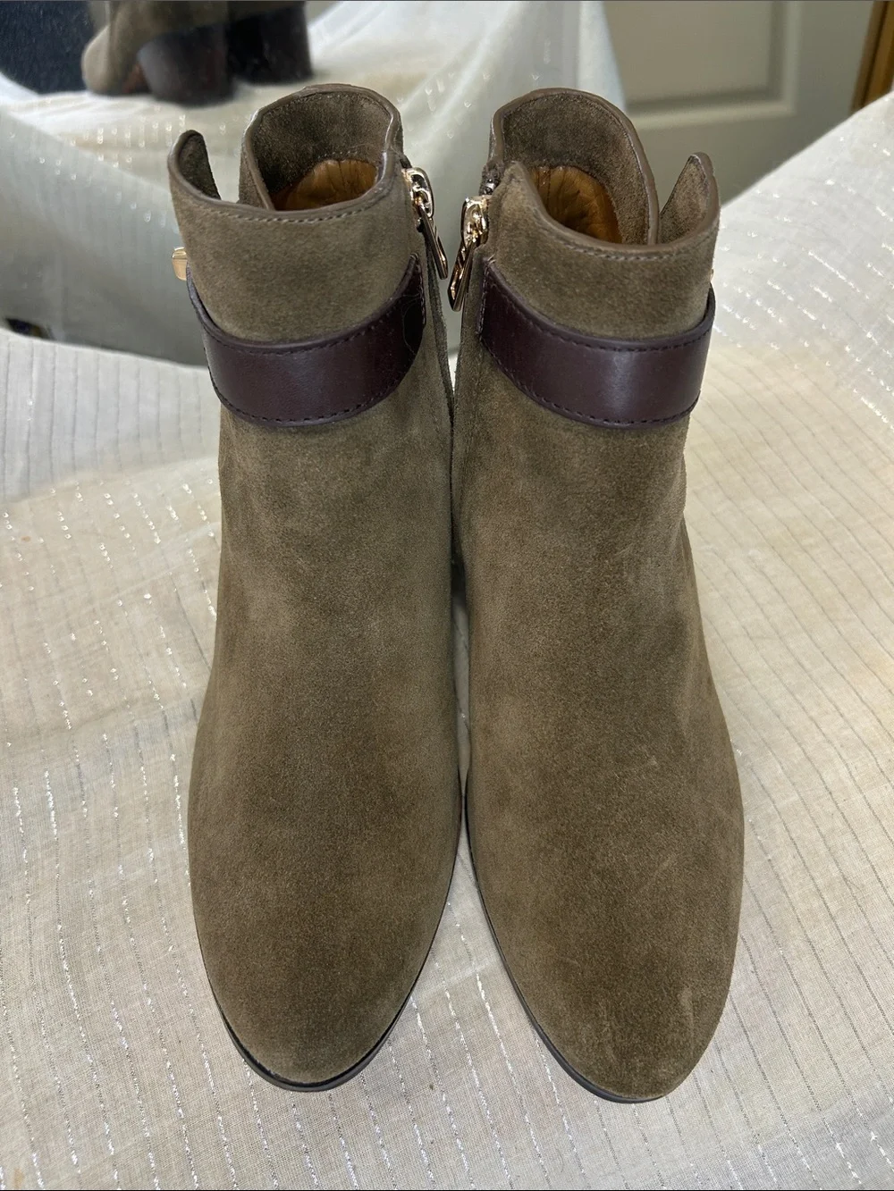 Coach Patricia Suede Ankle Booties – Fatigue Green / Chestnut